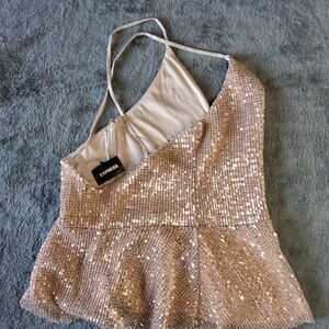 NWT Express Women’s Size S/P Rose Gold Sequin Sleeveless Peplum Top